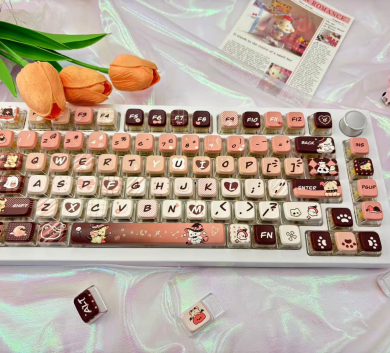 BỘ KEYCAP PUDDING BROWN & PINK BEAR TRANSPARENT 4 CẠNH XUYÊN LED NHỰA PBT 122 PHÍM OEM PROFILE